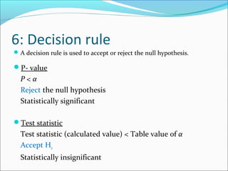 6: Decision rule
A decision rule is used to accept or reject the null hypothesis.
P- value
P < α
Reject the null hypothesis
Statistically significant
Test statistic
Test statistic (calculated value) < Table value of α
Accept H0
Statistically insignificant
 