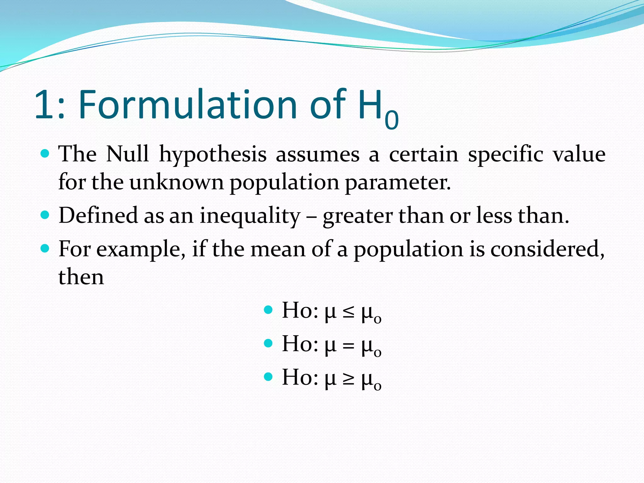 Statistical HypothesesStatement in statistical terms as to what would be found if the research hypothesis is true.A sales manager has asked her salespeople to observe a limit on travelling expenses. The manager hope to keep expenses to an average of $ 100 per salesman per day. What will be H0 and Ha?