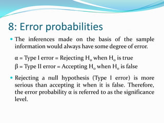 6: Decision ruleA decision rule is used to accept or reject the null hypothesis.P- value	P < α	Reject the null hypothesis	Statistically significantTest statistic	Test statistic (calculated value) < Table value of α	Accept H0	Statistically insignificant