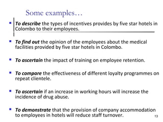 Some examples…
 To describe the types of incentives provides by five star hotels in
Colombo to their employees.
 To find out the opinion of the employees about the medical
facilities provided by five star hotels in Colombo.
 To ascertain the impact of training on employee retention.
 To compare the effectiveness of different loyalty programmes on
repeat clientele.
 To ascertain if an increase in working hours will increase the
incidence of drug abuse.
 To demonstrate that the provision of company accommodation
to employees in hotels will reduce staff turnover. 13
 