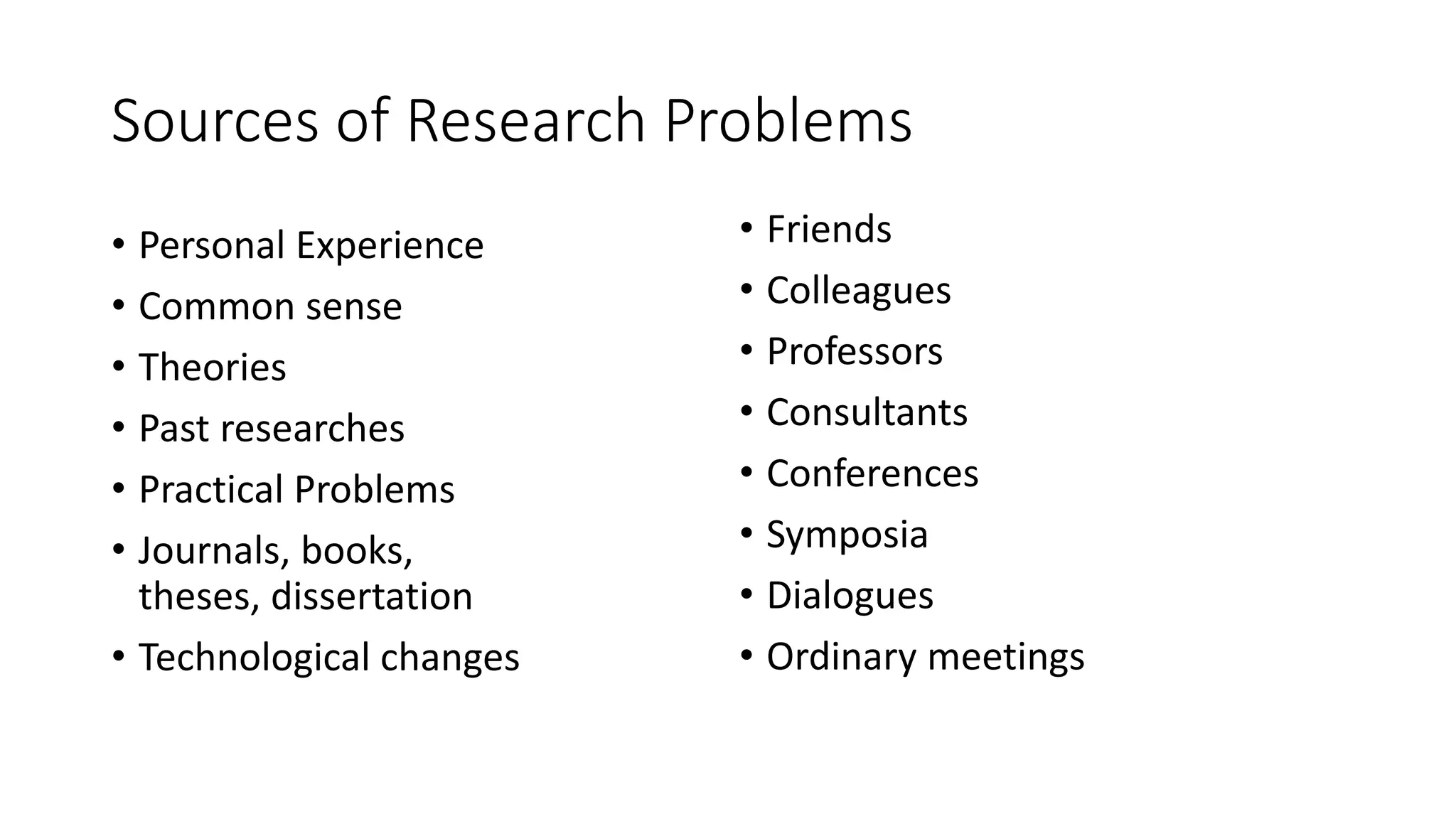 Sources of Research Problems
• Personal Experience
• Common sense
• Theories
• Past researches
• Practical Problems
• Journals, books,
theses, dissertation
• Technological changes
• Friends
• Colleagues
• Professors
• Consultants
• Conferences
• Symposia
• Dialogues
• Ordinary meetings
 