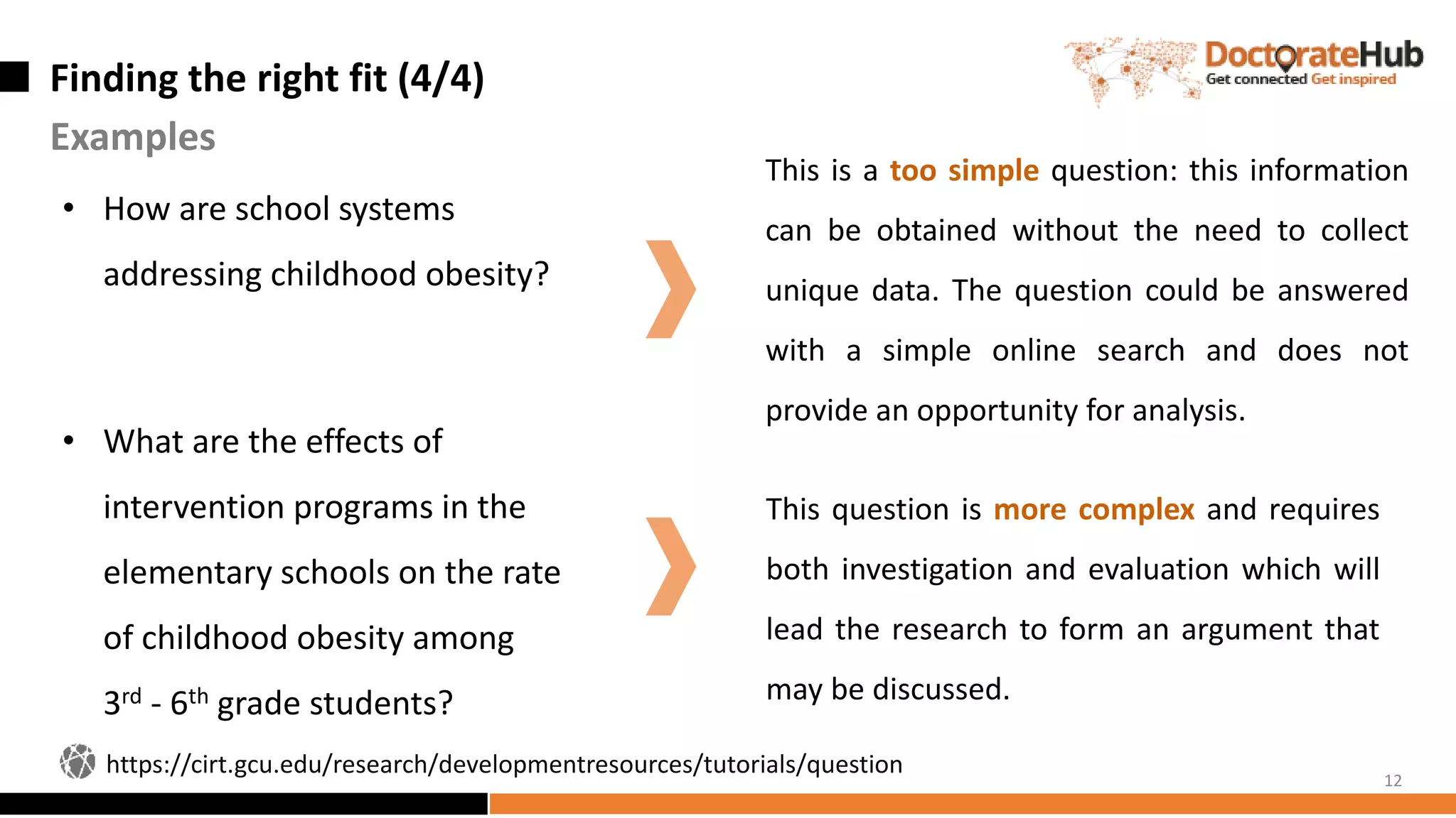 Finding the right fit (4/4)
Examples
12
• How are school systems
addressing childhood obesity?
• What are the effects of
intervention programs in the
elementary schools on the rate
of childhood obesity among
3rd - 6th grade students?
This is a too simple question: this information
can be obtained without the need to collect
unique data. The question could be answered
with a simple online search and does not
provide an opportunity for analysis.
This question is more complex and requires
both investigation and evaluation which will
lead the research to form an argument that
may be discussed.
https://cirt.gcu.edu/research/developmentresources/tutorials/question
 