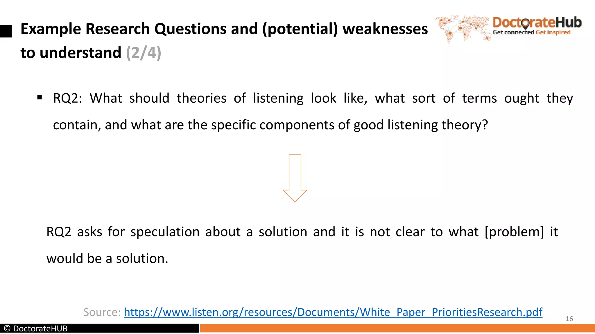 Example Research Questions and (potential) weaknesses
to understand (2/4)
 RQ2: What should theories of listening look like, what sort of terms ought they
contain, and what are the specific components of good listening theory?
16
RQ2 asks for speculation about a solution and it is not clear to what [problem] it
would be a solution.
Source: https://www.listen.org/resources/Documents/White_Paper_PrioritiesResearch.pdf
© DoctorateHUB
 