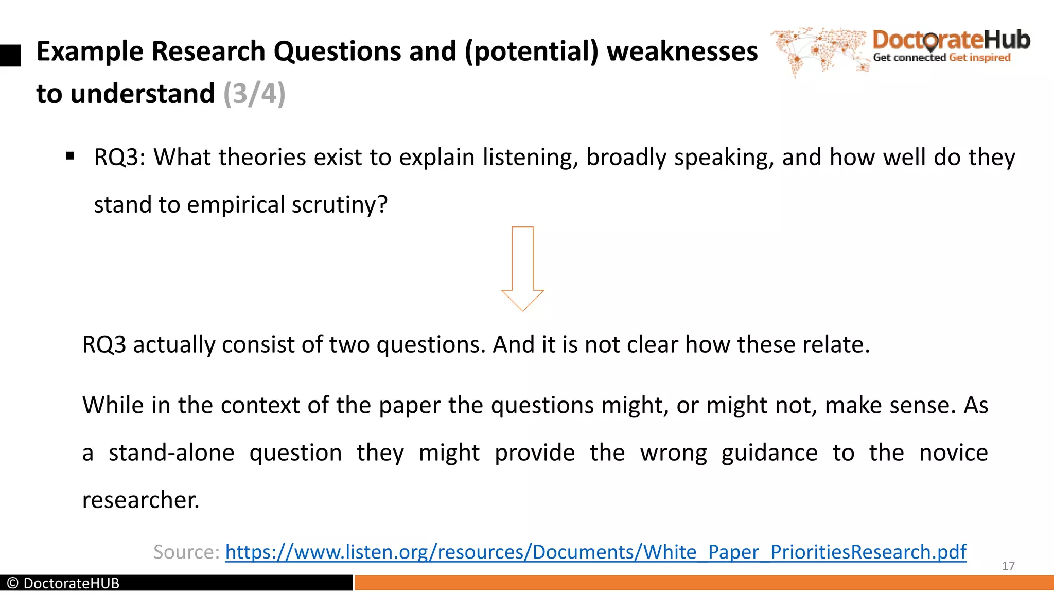 Example Research Questions and (potential) weaknesses
to understand (3/4)
 RQ3: What theories exist to explain listening, broadly speaking, and how well do they
stand to empirical scrutiny?
17
RQ3 actually consist of two questions. And it is not clear how these relate.
While in the context of the paper the questions might, or might not, make sense. As
a stand-alone question they might provide the wrong guidance to the novice
researcher.
Source: https://www.listen.org/resources/Documents/White_Paper_PrioritiesResearch.pdf
© DoctorateHUB
 