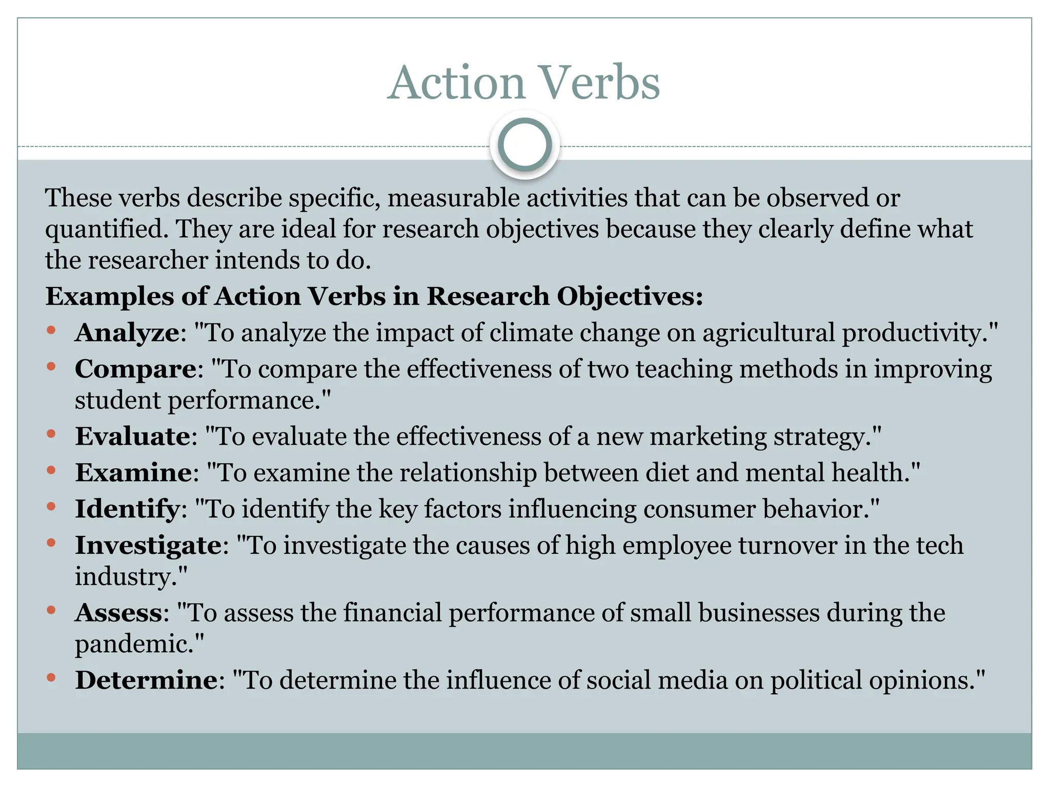 Action Verbs
These verbs describe specific, measurable activities that can be observed or
quantified. They are ideal for research objectives because they clearly define what
the researcher intends to do.
Examples of Action Verbs in Research Objectives:
 Analyze: "To analyze the impact of climate change on agricultural productivity."
 Compare: "To compare the effectiveness of two teaching methods in improving
student performance."
 Evaluate: "To evaluate the effectiveness of a new marketing strategy."
 Examine: "To examine the relationship between diet and mental health."
 Identify: "To identify the key factors influencing consumer behavior."
 Investigate: "To investigate the causes of high employee turnover in the tech
industry."
 Assess: "To assess the financial performance of small businesses during the
pandemic."
 Determine: "To determine the influence of social media on political opinions."
 