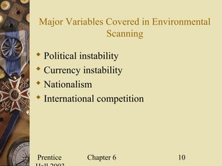 Prentice Chapter 6 10
Major Variables Covered in Environmental
Scanning
 Political instability
 Currency instability
 Nationalism
 International competition
 