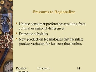 Prentice Chapter 6 14
Pressures to Regionalize
 Unique consumer preferences resulting from
cultural or national differences
 Domestic subsidies
 New production technologies that facilitate
product variation for less cost than before.
 