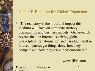 Prentice Chapter 6 15
Using E-Business for Global Expansion
 “The real story is the profound impact this
medium will have on corporate strategy,
organization and business models. Our research
reveals that the Internet is driving global
marketplace transformation and paradigm shift in
how companies get things done, how they
compete and how they serve their customers.”
www.IBM.com
 
