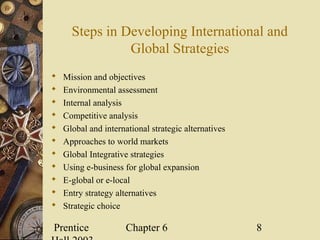Prentice Chapter 6 8
Steps in Developing International and
Global Strategies
 Mission and objectives
 Environmental assessment
 Internal analysis
 Competitive analysis
 Global and international strategic alternatives
 Approaches to world markets
 Global Integrative strategies
 Using e-business for global expansion
 E-global or e-local
 Entry strategy alternatives
 Strategic choice
 