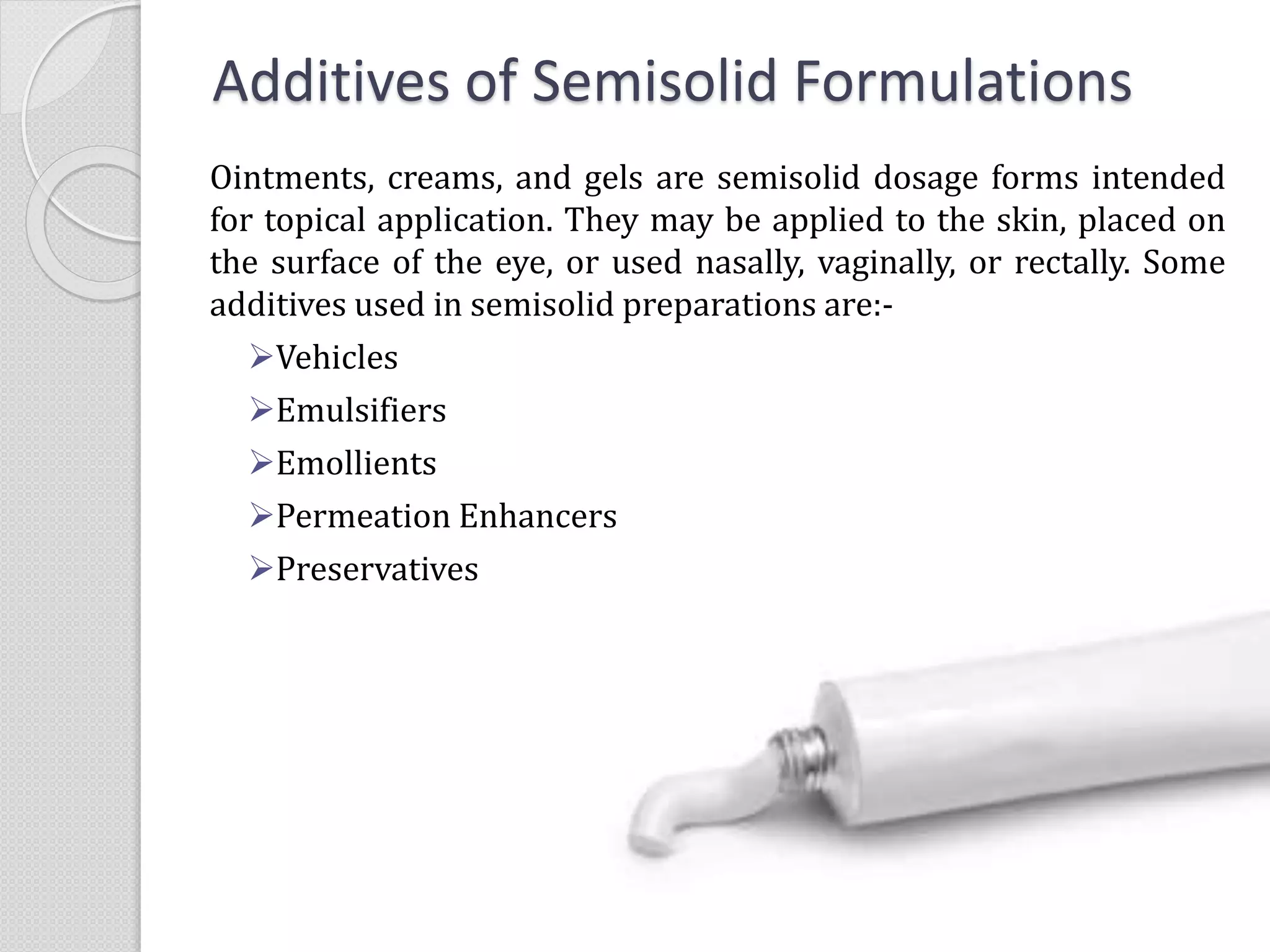 Additives of Semisolid Formulations
Ointments, creams, and gels are semisolid dosage forms intended
for topical application. They may be applied to the skin, placed on
the surface of the eye, or used nasally, vaginally, or rectally. Some
additives used in semisolid preparations are:-
Vehicles
Emulsifiers
Emollients
Permeation Enhancers
Preservatives
 
