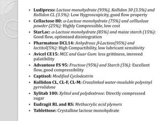  Ludipress: Lactose monohydrate (93%), Kollidon 30 (3.5%) and
Kollidon CL (3.5%): Low Hygroscopicity, good flow property
 Cellactose 80: -Lactose monohydrate (75%) and cellluslose
powder (25%): Highly Compressible, low cost
 StarLac: -Lactose monohydrate (85%) and maize starch (15%):
Good flow, optimized disintegration
 Pharmatose DCL14: Anhydrous -Lactose(95%) and
lactitol(5%): High Compactibility, low lubricant sensitivity
 Avicel CE15: MCC and Guar Gum: less grittiness, imroved
palatibility
 Advantose FS 95: Fructose (95%) and Starch (5%): Excellent
flow, good compressibility
 Captisol: Modified Cyclodextrin
 Kollidon CL, CL-F, CL-M: Crosslinked water-insoluble polyvinyl
pyrrolidone
 Xylitab 100: Xylitol and polydextrose: Directly compressed
sugar
 Eudragit RL and RS: Methacrylic acid plymers
 Tablettose: Crystalline lactose monohydrate
 
