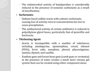 ◦ The antimicrobial activity of butylparaben is considerably
reduced in the presence of nonionic surfactants as a result
of micellization.
 Surfactants:
◦ Sodium lauryl sulfate reacts with cationic surfactants,
causing loss of activity even in concentrations too low to
cause precipitation.
◦ The antibacterial activity of certain antibiotics is reduced in
polyethylene glycol bases, particularly that of penicillin and
bacitracin.
 Thickening Agent:
◦ Acacia is incompatible with a number of substances
including amidopyrine, apomorphine, cresol, ethanol
(95%), ferric salts, morphine, phenol, physostigmine,
tannins, thymol, and vanillin.
◦ Xanthan gum and locust bean gum (carob gum or ceratonia)
in the presence of water creates a much more viscous gel
system than can be created using either component alone.
 