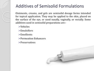 Additives of Semisolid Formulations
Ointments, creams, and gels are semisolid dosage forms intended
for topical application. They may be applied to the skin, placed on
the surface of the eye, or used nasally, vaginally, or rectally. Some
additives used in semisolid preparations are:-
Vehicles
Emulsifiers
Emollients
Permeation Enhancers
Preservatives
 