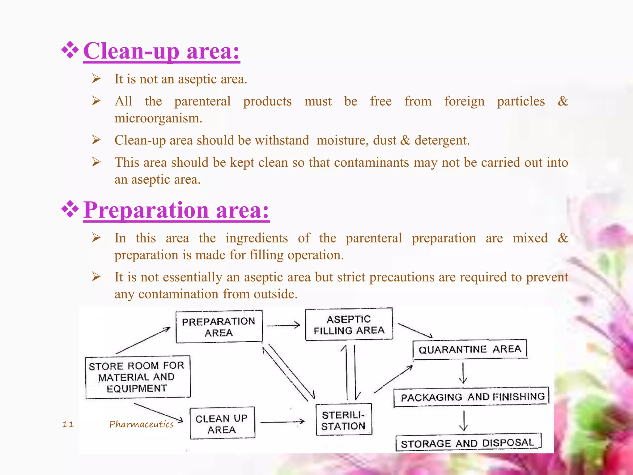 Clean-up area:
 It is not an aseptic area.
 All the parenteral products must be free from foreign particles &
microorganism.
 Clean-up area should be withstand moisture, dust & detergent.
 This area should be kept clean so that contaminants may not be carried out into
an aseptic area.
Preparation area:
 In this area the ingredients of the parenteral preparation are mixed &
preparation is made for filling operation.
 It is not essentially an aseptic area but strict precautions are required to prevent
any contamination from outside.
11 Pharmaceutics
 