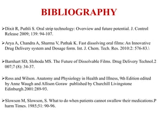 BIBLIOGRAPHY
Dixit R, Puthli S. Oral strip technology: Overview and future potential. J. Control
Release 2009; 139: 94-107.
Arya A, Chandra A, Sharma V, Pathak K. Fast dissolving oral films: An Innovative
Drug Delivery system and Dosage form. Int. J. Chem. Tech. Res. 2010:2: 576-83.
Barnhart SD, Sloboda MS. The Future of Dissolvable Films. Drug Delivery Technol.2
007;7 (8): 34-37.
Ross and Wilson. Anatomy and Physiology in Health and Illness, 9th Edition edited
by Anne Waugh and Allison Goraw published by Churchill Livingstone
Edinburgh.2001:289-93.
Slowson M, Slowson, S. What to do when patients cannot swallow their medications.P
harm Times. 1985;51: 90-96.
 