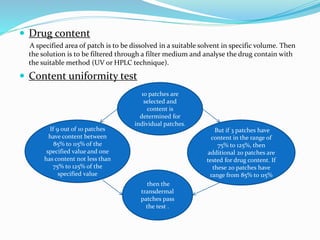  Drug content
A specified area of patch is to be dissolved in a suitable solvent in specific volume. Then
the solution is to be filtered through a filter medium and analyse the drug contain with
the suitable method (UV or HPLC technique).
 Content uniformity test
10 patches are
selected and
content is
determined for
individual patches.
If 9 out of 10 patches
have content between
85% to 115% of the
specified value and one
has content not less than
75% to 125% of the
specified value
But if 3 patches have
content in the range of
75% to 125%, then
additional 20 patches are
tested for drug content. If
these 20 patches have
range from 85% to 115%
then the
transdermal
patches pass
the test .
 
