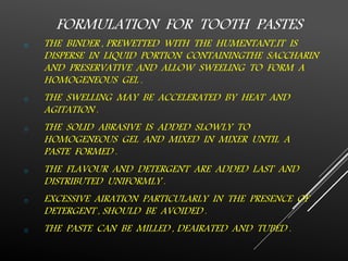 Toothpaste Formulation Examples FORMULATION AND EVALUATION OF COSMETIC PRODUCTS | PPTX
