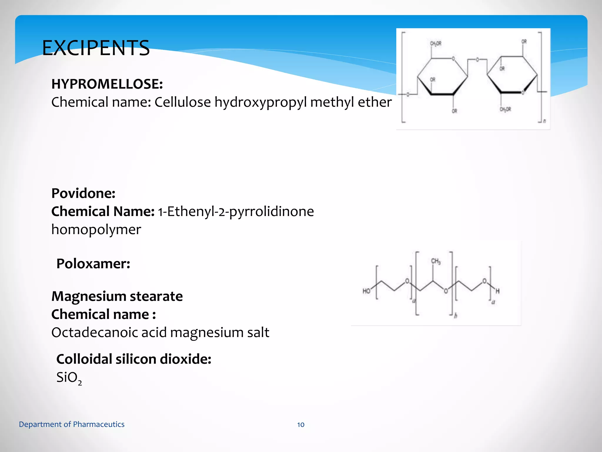 EXCIPENTS 
HYPROMELLOSE: 
Chemical name: Cellulose hydroxypropyl methyl ether 
Povidone: 
Chemical Name: 1-Ethenyl-2-pyrrolidinone 
homopolymer 
Poloxamer: 
Magnesium stearate 
Chemical name : 
Octadecanoic acid magnesium salt 
Colloidal silicon dioxide: 
SiO2 
Department of Pharmaceutics 10 
 