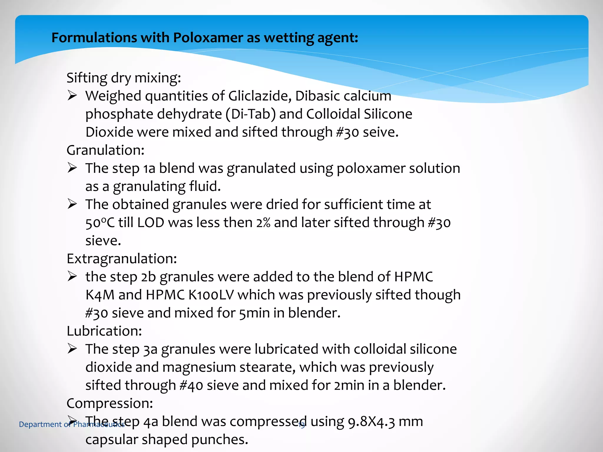 Formulations with Poloxamer as wetting agent: 
Sifting dry mixing: 
 Weighed quantities of Gliclazide, Dibasic calcium 
phosphate dehydrate (Di-Tab) and Colloidal Silicone 
Dioxide were mixed and sifted through #30 seive. 
Granulation: 
 The step 1a blend was granulated using poloxamer solution 
as a granulating fluid. 
 The obtained granules were dried for sufficient time at 
50oC till LOD was less then 2% and later sifted through #30 
sieve. 
Extragranulation: 
 the step 2b granules were added to the blend of HPMC 
K4M and HPMC K100LV which was previously sifted though 
#30 sieve and mixed for 5min in blender. 
Lubrication: 
 The step 3a granules were lubricated with colloidal silicone 
dioxide and magnesium stearate, which was previously 
sifted through #40 sieve and mixed for 2min in a blender. 
Compression: 
 The step 4a blend was compressed using 9.8X4.3 mm 
Department of Pharmaceutics 13 
capsular shaped punches. 
 
