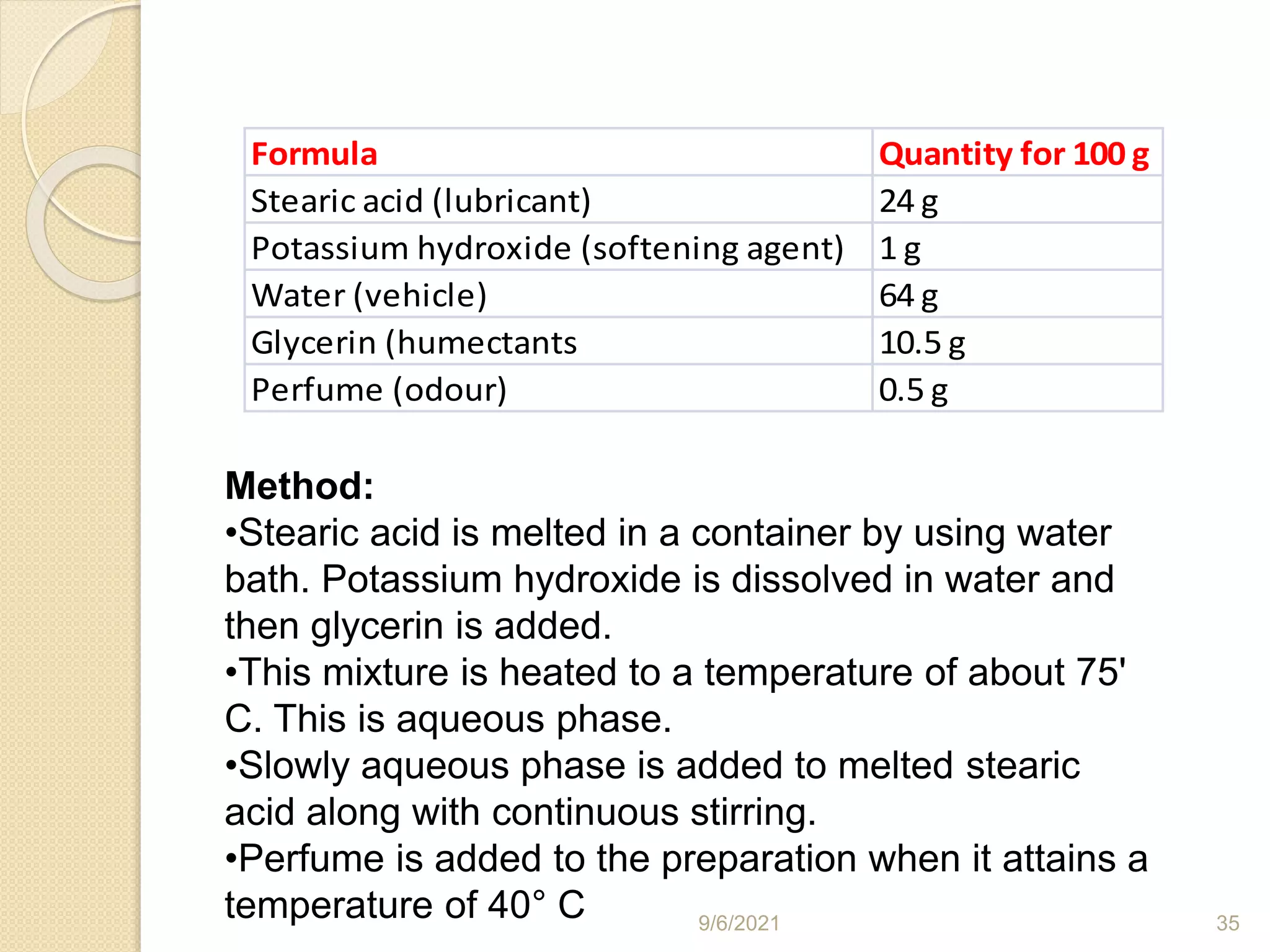 Formula Quantity for 100 g
Stearic acid (lubricant) 24 g
Potassium hydroxide (softening agent) 1 g
Water (vehicle) 64 g
Glycerin (humectants 10.5 g
Perfume (odour) 0.5 g
Method:
•Stearic acid is melted in a container by using water
bath. Potassium hydroxide is dissolved in water and
then glycerin is added.
•This mixture is heated to a temperature of about 75'
C. This is aqueous phase.
•Slowly aqueous phase is added to melted stearic
acid along with continuous stirring.
•Perfume is added to the preparation when it attains a
temperature of 40° C 9/6/2021 35
 