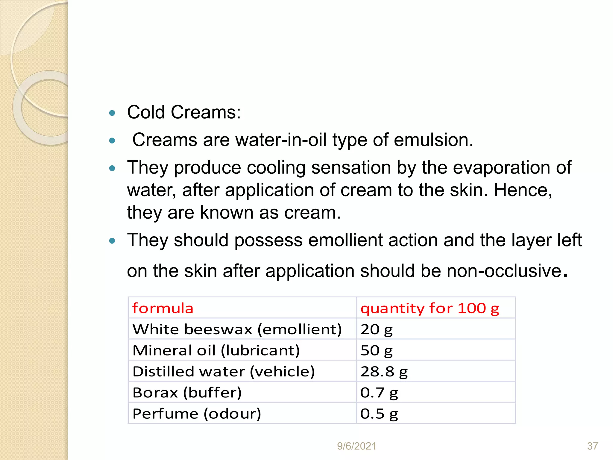  Cold Creams:
 Creams are water-in-oil type of emulsion.
 They produce cooling sensation by the evaporation of
water, after application of cream to the skin. Hence,
they are known as cream.
 They should possess emollient action and the layer left
on the skin after application should be non-occlusive.
formula quantity for 100 g
White beeswax (emollient) 20 g
Mineral oil (lubricant) 50 g
Distilled water (vehicle) 28.8 g
Borax (buffer) 0.7 g
Perfume (odour) 0.5 g
9/6/2021 37
 
