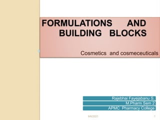 FORMULATIONS AND
BUILDING BLOCKS
Cosmetics and cosmeceuticals
Rajebhai Fayejabanu S.
M.Pharm Sem 2
APMC Pharmacy College
9/6/2021 1
 