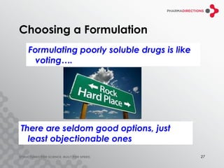 Choosing a Formulation
 Formulating poorly soluble drugs is like
   voting….




There are seldom good options, just
  least objectionable ones
                                            27
 