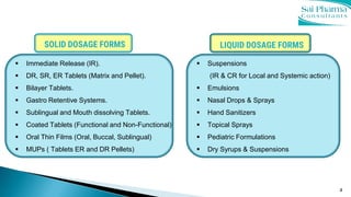 4
SOLID DOSAGE FORMS
 Immediate Release (IR).
 DR, SR, ER Tablets (Matrix and Pellet).
 Bilayer Tablets.
 Gastro Retentive Systems.
 Sublingual and Mouth dissolving Tablets.
 Coated Tablets (Functional and Non-Functional)
 Oral Thin Films (Oral, Buccal, Sublingual)
 MUPs ( Tablets ER and DR Pellets)
 Suspensions
(IR & CR for Local and Systemic action)
 Emulsions
 Nasal Drops & Sprays
 Hand Sanitizers
 Topical Sprays
 Pediatric Formulations
 Dry Syrups & Suspensions
LIQUID DOSAGE FORMS
 