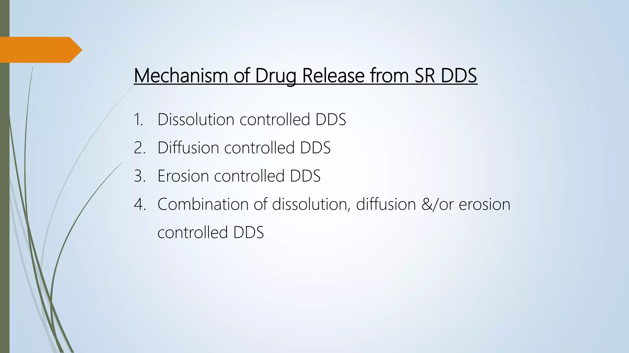Mechanism of Drug Release from SR DDS
1. Dissolution controlled DDS
2. Diffusion controlled DDS
3. Erosion controlled DDS
4. Combination of dissolution, diffusion &/or erosion
controlled DDS
 
