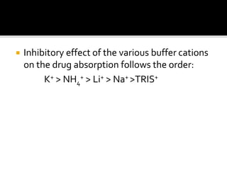  Inhibitory effect of the various buffer cations
on the drug absorption follows the order:
K+ > NH4
+ > Li+ > Na+ >TRIS+
 