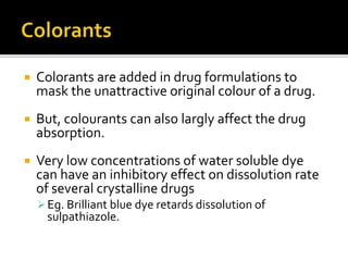  Colorants are added in drug formulations to
mask the unattractive original colour of a drug.
 But, colourants can also largly affect the drug
absorption.
 Very low concentrations of water soluble dye
can have an inhibitory effect on dissolution rate
of several crystalline drugs
Eg. Brilliant blue dye retards dissolution of
sulpathiazole.
 