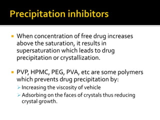  When concentration of free drug increases
above the saturation, it results in
supersaturation which leads to drug
precipitation or crystallization.
 PVP, HPMC, PEG, PVA, etc are some polymers
which prevents drug precipitation by:
Increasing the viscosity of vehicle
Adsorbing on the faces of crystals thus reducing
crystal growth.
 