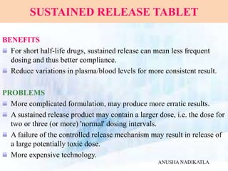 SUSTAINED RELEASE TABLET
BENEFITS
For short half-life drugs, sustained release can mean less frequent
dosing and thus better compliance.
Reduce variations in plasma/blood levels for more consistent result.
PROBLEMS
More complicated formulation, may produce more erratic results.
A sustained release product may contain a larger dose, i.e. the dose for
two or three (or more) 'normal' dosing intervals.
A failure of the controlled release mechanism may result in release of
a large potentially toxic dose.
More expensive technology.
ANUSHA NADIKATLA
 