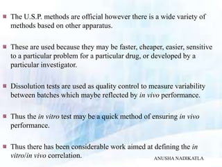 The U.S.P. methods are official however there is a wide variety of
methods based on other apparatus.
These are used because they may be faster, cheaper, easier, sensitive
to a particular problem for a particular drug, or developed by a
particular investigator.
Dissolution tests are used as quality control to measure variability
between batches which maybe reflected by in vivo performance.
Thus the in vitro test may be a quick method of ensuring in vivo
performance.
Thus there has been considerable work aimed at defining the in
vitro/in vivo correlation. ANUSHA NADIKATLA
 