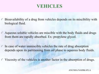 VEHICLES
Bioavailability of a drug from vehicles depends on its miscibility with
biological fluid.
Aqueous soluble vehicles are miscible with the body fluids and drugs
from them are rapidly absorbed. Ex: propylene glycol.
In case of water immiscible vehicles the rate of drug absorption
depends upon its partitioning from oil phase to aqueous body fluids.
Viscosity of the vehicles is another factor in the absorption of drugs.
ANUSHA NADIKATLA
 