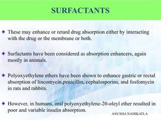 SURFACTANTS
These may enhance or retard drug absorption either by interacting
with the drug or the membrane or both.
Surfactants have been considered as absorption enhancers, again
mostly in animals.
Polyoxyethylene ethers have been shown to enhance gastric or rectal
absorption of lincomycin,penicillin, cephalosporins, and fosfomycin
in rats and rabbits.
However, in humans, oral polyoxyethylene-20-oleyl ether resulted in
poor and variable insulin absorption.
ANUSHA NADIKATLA
 