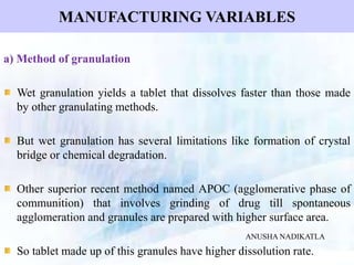 MANUFACTURING VARIABLES
a) Method of granulation
Wet granulation yields a tablet that dissolves faster than those made
by other granulating methods.
But wet granulation has several limitations like formation of crystal
bridge or chemical degradation.
Other superior recent method named APOC (agglomerative phase of
communition) that involves grinding of drug till spontaneous
agglomeration and granules are prepared with higher surface area.
So tablet made up of this granules have higher dissolution rate.
ANUSHA NADIKATLA
 