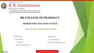 30-04-2022 © R R INSTITUTIONS , BANGALORE 1
MODERN DRUG DELIVERY SYSTEM
BUCCAL DRUG DELIVERY SYSTEM
RR COLLEGE OF PHARMACY
Submitted by:
Chrishmitha
1st M.Pharm.
Dept. of Pharmaceutics
Submitted to:
Dr. Geethalaxmi
HOD. Dept of pharmaceutics
 