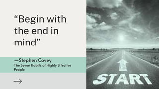 —Stephen Covey
The Seven Habits of Highly Effective
People
“Begin with
the end in
mind”
 