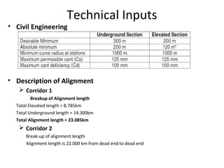 Technical Inputs
• Civil Engineering




• Description of Alignment
    Corridor 1
         Breakup of Alignment length
  Total Elevated length = 8.785km
  Total Underground length = 14.300km
  Total Alignment length = 23.085km
    Corridor 2
      Break-up of alignment length
      Alignment length is 22.000 km from dead end to dead end
 