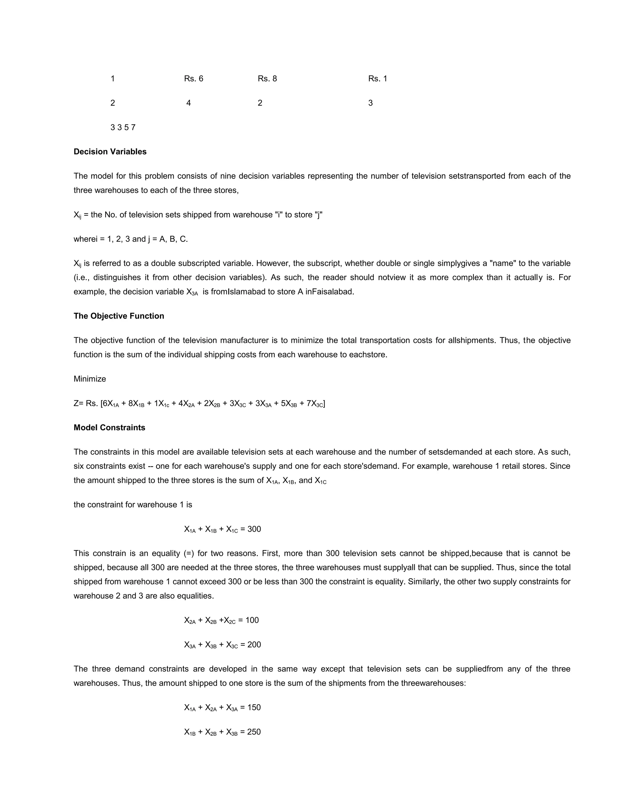1 Rs. 6 Rs. 8 Rs. 1
2 4 2 3
3 3 5 7
Decision Variables
The model for this problem consists of nine decision variables representing the number of television setstransported from each of the
three warehouses to each of the three stores,
Xij = the No. of television sets shipped from warehouse "i" to store "j"
wherei = 1, 2, 3 and j = A, B, C.
Xij is referred to as a double subscripted variable. However, the subscript, whether double or single simplygives a "name" to the variable
(i.e., distinguishes it from other decision variables). As such, the reader should notview it as more complex than it actually is. For
example, the decision variable X3A is fromIslamabad to store A inFaisalabad.
The Objective Function
The objective function of the television manufacturer is to minimize the total transportation costs for allshipments. Thus, the objective
function is the sum of the individual shipping costs from each warehouse to eachstore.
Minimize
Z= Rs. [6X1A + 8X1B + 1X1c + 4X2A + 2X2B + 3X3C + 3X3A + 5X3B + 7X3C]
Model Constraints
The constraints in this model are available television sets at each warehouse and the number of setsdemanded at each store. As such,
six constraints exist -- one for each warehouse's supply and one for each store'sdemand. For example, warehouse 1 retail stores. Since
the amount shipped to the three stores is the sum of X1A, X1B, and X1C
the constraint for warehouse 1 is
X1A + X1B + X1C = 300
This constrain is an equality (=) for two reasons. First, more than 300 television sets cannot be shipped,because that is cannot be
shipped, because all 300 are needed at the three stores, the three warehouses must supplyall that can be supplied. Thus, since the total
shipped from warehouse 1 cannot exceed 300 or be less than 300 the constraint is equality. Similarly, the other two supply constraints for
warehouse 2 and 3 are also equalities.
X2A + X2B +X2C = 100
X3A + X3B + X3C = 200
The three demand constraints are developed in the same way except that television sets can be suppliedfrom any of the three
warehouses. Thus, the amount shipped to one store is the sum of the shipments from the threewarehouses:
X1A + X2A + X3A = 150
X1B + X2B + X3B = 250
 