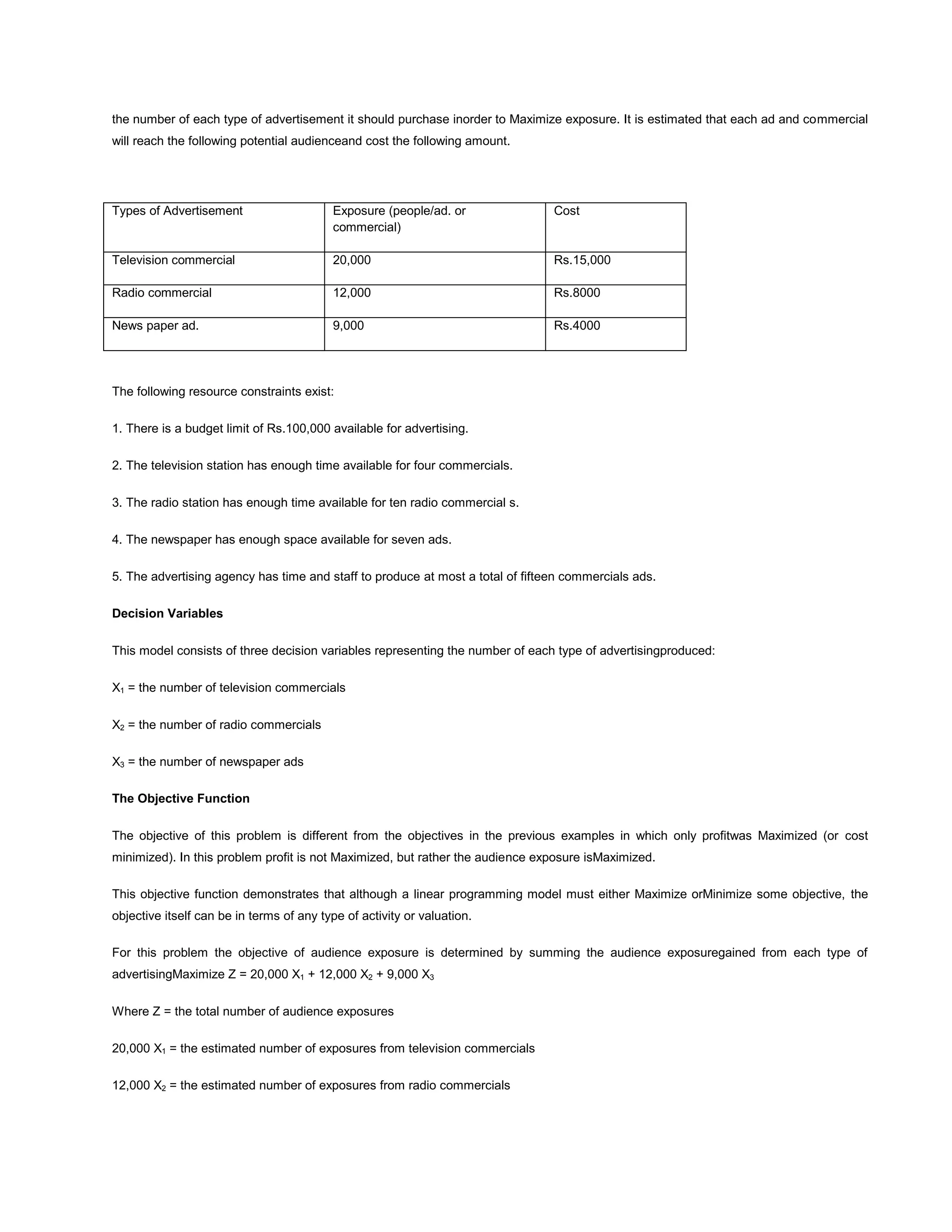 the number of each type of advertisement it should purchase inorder to Maximize exposure. It is estimated that each ad and commercial
will reach the following potential audienceand cost the following amount.
Types of Advertisement Exposure (people/ad. or
commercial)
Cost
Television commercial 20,000 Rs.15,000
Radio commercial 12,000 Rs.8000
News paper ad. 9,000 Rs.4000
The following resource constraints exist:
1. There is a budget limit of Rs.100,000 available for advertising.
2. The television station has enough time available for four commercials.
3. The radio station has enough time available for ten radio commercial s.
4. The newspaper has enough space available for seven ads.
5. The advertising agency has time and staff to produce at most a total of fifteen commercials ads.
Decision Variables
This model consists of three decision variables representing the number of each type of advertisingproduced:
X1 = the number of television commercials
X2 = the number of radio commercials
X3 = the number of newspaper ads
The Objective Function
The objective of this problem is different from the objectives in the previous examples in which only profitwas Maximized (or cost
minimized). In this problem profit is not Maximized, but rather the audience exposure isMaximized.
This objective function demonstrates that although a linear programming model must either Maximize orMinimize some objective, the
objective itself can be in terms of any type of activity or valuation.
For this problem the objective of audience exposure is determined by summing the audience exposuregained from each type of
advertisingMaximize Z = 20,000 X1 + 12,000 X2 + 9,000 X3
Where Z = the total number of audience exposures
20,000 X1 = the estimated number of exposures from television commercials
12,000 X2 = the estimated number of exposures from radio commercials
 