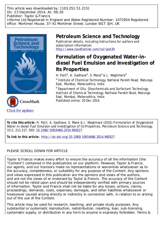 Formulation of oxygenated waterindiesel fuel emulsion and investiga…