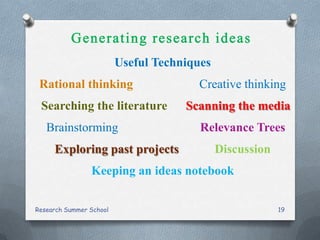 Useful Techniques
Rational thinking Creative thinking
Searching the literature Scanning the media
Brainstorming Relevance Trees
Exploring past projects Discussion
Keeping an ideas notebook
Research Summer School 19
 