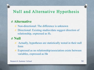 O Alternative
O Non-directional: The difference is unknown
O Directional: Existing studies/data suggest direction of
relationship, expressed as HA
O Null
O Actually, hypotheses are statistically tested in their null
form
O Expressed as no relationship/association exists between
variables, expressed as H0
Research Summer School 50
 