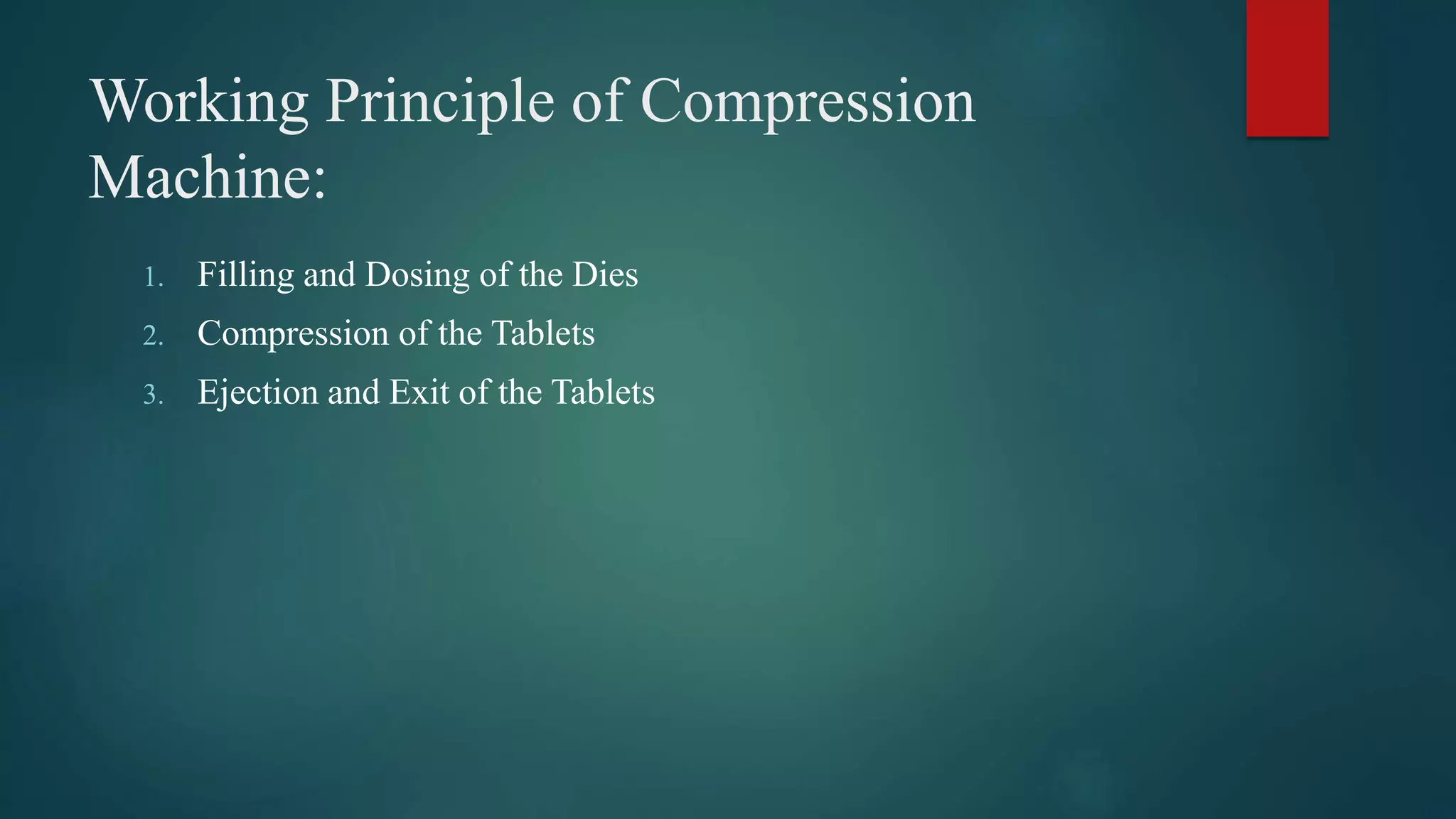Working Principle of Compression
Machine:
1. Filling and Dosing of the Dies
2. Compression of the Tablets
3. Ejection and Exit of the Tablets
 