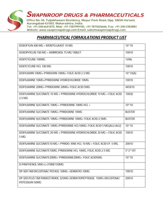 SWAPNROOP DRUGS & PHARMACEUTICALS
Office No: 04, Tuljabhawani Residency, Mayur Park Road, Opp. SBOA Harsool,
Aurangabad-431003, Maharashtra, India.
Tel: +91-240-6641875, Mob: +91-7387999183, +91-7875026666, Fax: +91-240-2383883
Website: www.swapnroopdrugs.com Email: sales@swapnroopdrugs.com
PHARMACEUTICAL FORMULATIONS PRODUCT LIST
DOXOFYLIN 400 MG + MONTELUKAST 10 MG 10*10
DOXOPHYLLIN 100 MG + AMBROXOL 75 MG TABLET 10X10
DOXYCYCLINE 100MG 1VIAL
DOXYCYCLINE HCL 100 MG 10X10
DOXYLAMIN 10MG+ PYRIDOXIN 10MG+ FOLIC ACID 2.5 MG 10*10(A)
DOXYLAMINE 10MG+PYRIDOXINE HYDROCHLORIDE 10MG 10X10
DOXYLAMINE 20MG+ PYRIDOXINE 20MG+ FOLIC ACID 5MG 4X5X10
DOXYLAMINE SUCCINATE 10 MG + PYRIDOXINE HYDROCHLORIDE 10 MG + FOLIC ACID
2.5 MG
10X30
DOXYLAMINE SUCCINATE 10MG + PYRIDOXINE 10MG HCL + 10*10
DOXYLAMINE SUCCINATE 10MG+ PYRIDOXINE 10MG BLISTER
DOXYLAMINE SUCCINATE 10MG+ PYRIDOXINE 10MG+ FOLIC ACID 2.5MG BLISTER
DOXYLAMINE SUCCINATE 10MG+PYRIDOXINE HCL10MG+ FOLIC ACID 5 MG(ALU-ALU) 10*10
DOXYLAMINE SUCCINATE 20 MG + PYRIDOXINE HYDROCHLORIDE 20 MG + FOLIC ACID
5 MG
10X10
DOXYLAMINE SUCCINATE10 MG + PYRIDO- XINE HCL 10 MG + FOLIC ACID I.P. 5 MG. 20X10
DOXYLAMINE SUCCINATE10MG, PYRIDOXINE HCL 10MG, FOLIC ACID 2.5 MG 5*2*10T
DOXYLAMINE SUCCINATE20MG+ PYRIDOXINE20MG+ FOLIC ACID5MG 10*10
D-PANTHENOL 5MG+L-LYSINE150MG
DP-SER TAB DICLOFENAC POTASS. 50MG.+SERRATIO.10MG 10X10
DP-SER-PLUS TAB PARACETAMOL 325MG+SERRATIOPEPTIDASE 15MG+DICLOFENAC
POTESSIUM 50MG
20X10
 