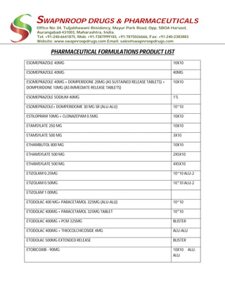 SWAPNROOP DRUGS & PHARMACEUTICALS
Office No: 04, Tuljabhawani Residency, Mayur Park Road, Opp. SBOA Harsool,
Aurangabad-431003, Maharashtra, India.
Tel: +91-240-6641875, Mob: +91-7387999183, +91-7875026666, Fax: +91-240-2383883
Website: www.swapnroopdrugs.com Email: sales@swapnroopdrugs.com
PHARMACEUTICAL FORMULATIONS PRODUCT LIST
ESOMEPRAZOLE 40MG 10X10
ESOMEPRAZOLE 40MG 40MG
ESOMEPRAZOLE 40MG + DOMPERIDONE 20MG (AS SUSTAINED RELEASE TABLETS) +
DOMPERIDONE 10MG (AS IMMEDIATE RELEASE TABLETS)
10X10
ESOMEPRAZOLE SODIUM 40MG 1'S
ESOMEPRAZOLE+ DOMPERIDOME 30 MG SR (ALU-ALU) 10*10
ESTILOPRAM 10MG + CLONAZEPAM 0.5MG 10X10
ETAMSYLATE 250 MG 10X10
ETAMSYLATE 500 MG 3X10
ETHAMBUTOL 800 MG 10X10
ETHAMSYLATE 500 MG 2X5X10
ETHAMSYLATE 500 MG 4X5X10
ETIZOLAM 0.25MG 10*10 ALU-2
ETIZOLAM 0.50MG 10*10 ALU-2
ETIZOLAM 1.00MG
ETODOLAC 400 MG+ PARACETAMOL 325MG (ALU-ALU) 10*10
ETODOLAC 400MG + PARACETAMOL 325MG TABLET 10*10
ETODOLAC 400MG + PCM 325MG BLISTER
ETODOLAC 400MG + THIOCOLCHICOSIDE 4MG ALU-ALU
ETODOLAC 500MG EXTENDED RELEASE BLISTER
ETORICOXIB - 90MG 10X10 ALU-
ALU
 