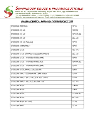 SWAPNROOP DRUGS & PHARMACEUTICALS
Office No: 04, Tuljabhawani Residency, Mayur Park Road, Opp. SBOA Harsool,
Aurangabad-431003, Maharashtra, India.
Tel: +91-240-6641875, Mob: +91-7387999183, +91-7875026666, Fax: +91-240-2383883
Website: www.swapnroopdrugs.com Email: sales@swapnroopdrugs.com
PHARMACEUTICAL FORMULATIONS PRODUCT LIST
ETORICOXIB TAB 90MG 10*10
ETORICOXIB 120 MG 10X10'S
ETORICOXIB 120 MG 10*10 ALU-2
ETORICOXIB 120 MG ALU-ALU
ETORICOXIB 120 MG (ALU-ALU) 10*10
ETORICOXIB 120MG TABLET 10*10
ETORICOXIB 60 MG 10 X 10'S
ETORICOXIB 60 MG & PARACETAMOL 325 MG TABLETS ALU-ALU
ETORICOXIB 60 MG + THIOCOLCHICOSIDE 4 MG 10*10
ETORICOXIB 60 MG + THIOCOLCHICOSIDE 4MG 10*10 ALU-2
ETORICOXIB 60 MG + THIOCOLCHICOSIDE 8 MG 10*10
ETORICOXIB 60 MG, PARACETAMOL 325 MG 10X10T
ETORICOXIB 60MG + PARACETAMOL 325MG TABLET 10*10
ETORICOXIB 60MG + THICOLCHICOSEDE 4MG TABLET 10*10
ETORICOXIB 60MG + THIOCHOLCHICOSIDE 4 MG 10 X 10'S
ETORICOXIB 90 MG 10X10'S
ETORICOXIB 90 MG 10X10T
ETORICOXIB 90 MG 10*10 ALU-2
ETORICOXIB 90 MG ALU-ALU
ETORICOXIB 90 MG (ALU-ALU) 10*10
ETORICOXIB 90MG 10*10
 