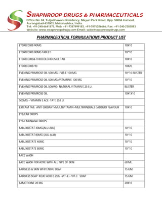SWAPNROOP DRUGS & PHARMACEUTICALS
Office No: 04, Tuljabhawani Residency, Mayur Park Road, Opp. SBOA Harsool,
Aurangabad-431003, Maharashtra, India.
Tel: +91-240-6641875, Mob: +91-7387999183, +91-7875026666, Fax: +91-240-2383883
Website: www.swapnroopdrugs.com Email: sales@swapnroopdrugs.com
PHARMACEUTICAL FORMULATIONS PRODUCT LIST
ETORICOXIB 90MG 10X10
ETORICOXIB 90MG TABLET 10*10
ETORICOXIB& THIOCOLCHICOSIDE TAB 10X10
ETORICOXIB-90 10X20
EVENING PRIMROSE OIL 500 MG + VIT-E 100 MG 10*10 BLISTER
EVENING PRIMROSE OIL 500 MG+VITAMIN E 100 MG 10*10
EVENING PRIMROSE OIL 500MG+ NATURAL VITAMIN E 25 I.U. BLISTER
EVENING PRIMROSE OIL 10X1X10
500MG + VITAMIN E ACE- TATE 25 I.U.
EXTEAM TAB. ANTI OXIDANT+MULTIVITAMIN+MULTIMINERALS CADBURY FLAVOUR 10X10
EYE/EAR DROPS
EYE/EAR/NASAL DROPS
FABUXOSTAT 40MG(ALU-ALU) 10*10
FABUXOSTAT 80MG (ALU-ALU) 10*10
FABUXOSTATE 40MG 10*10
FABUXOSTATE 80MG 10*10
FACE WASH
FACE WASH FOR ACNE WITH ALL TYPE OF SKIN 60 ML.
FAIRNESS & SKIN WHITENING SOAP 75 GM.
FAIRNESS SOAP KOJIC ACID 0.25% +VIT -E + VIT-C SOAP 75 GM
FAMOTIDINE 20 MG 20X10
 